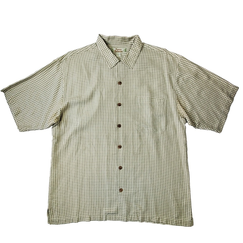 Tommy Bahama 100% Silk Shirt Men's Large Green Check Button Up‎ Short Sleeve